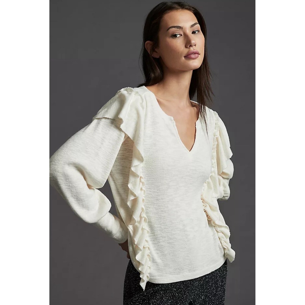 Anthropologie Pilcro Cozy Popover Top XS Ivory Ruffle